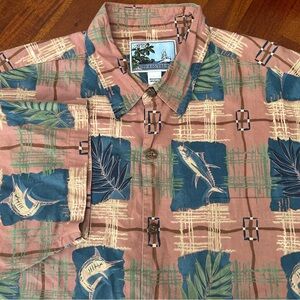 Aftco Bluewater Brown Geometric Fish Print Short Sleeve Button Up Cotton Shirt